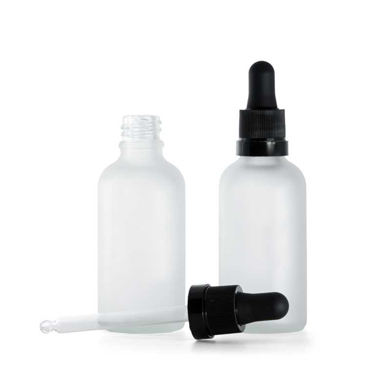 Sklenená fľaška, priehľadná mliečna, čierne kvapátko s lesklým prúžkom, 50 ml