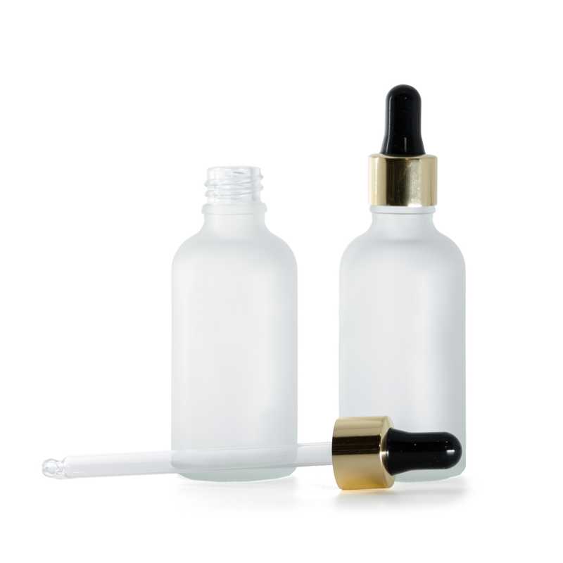 Sklenená fľaška, priehľadná mliečna, čierno-zlaté kvapátko, 50 ml