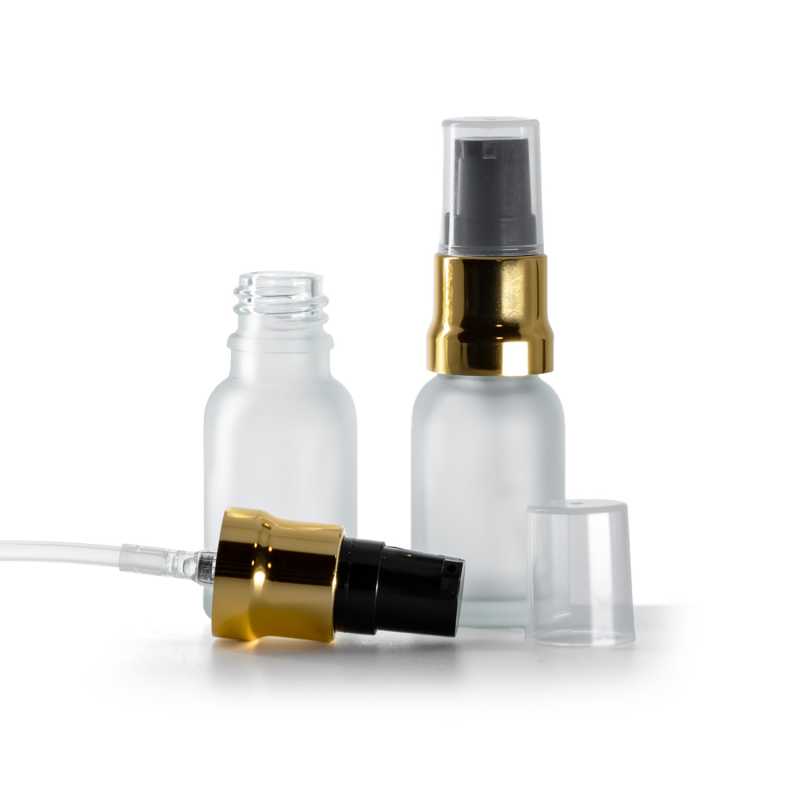 Sklenená fľaška, priehľadná, mliečna, čierno-zlatý lesklý dákovač, priehľadný vrch, 15 ml