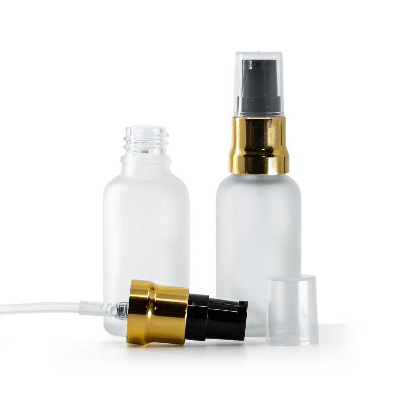 Sklenená fľaška, priehľadná mliečna, čierno-zlatý lesklý dákovač, priehľadný vrch, 30 ml