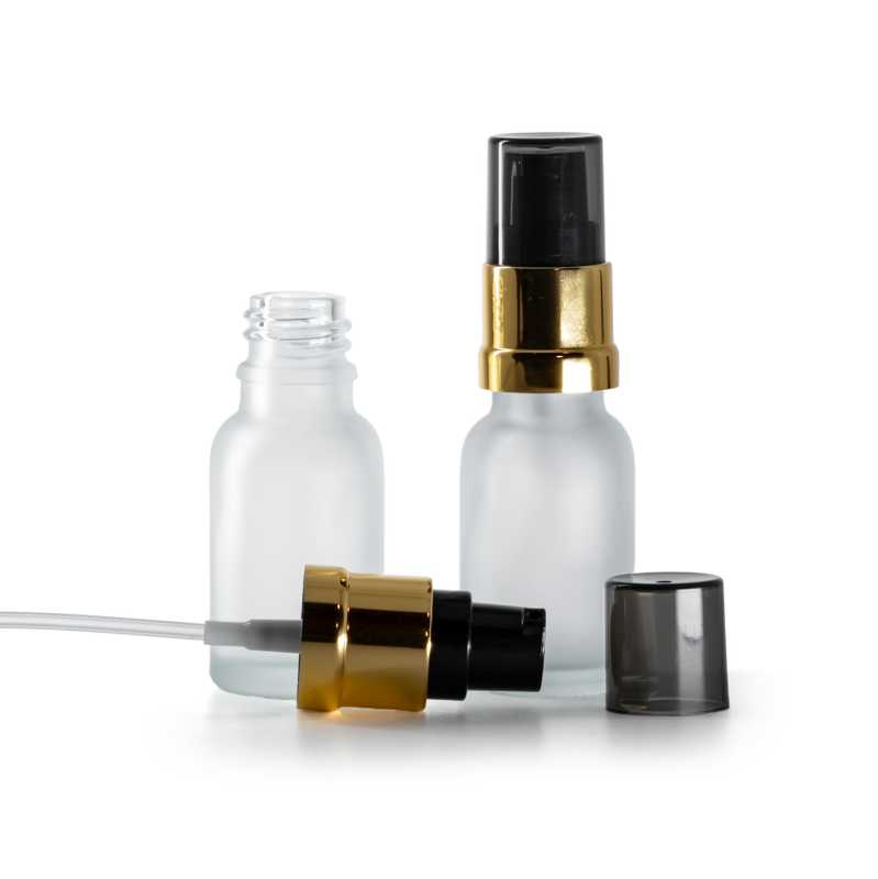 Sklenená fľaška, priehľadná, mliečna, čierno-zlatý lesklý dávkovač s dymovým krytom, 15 ml