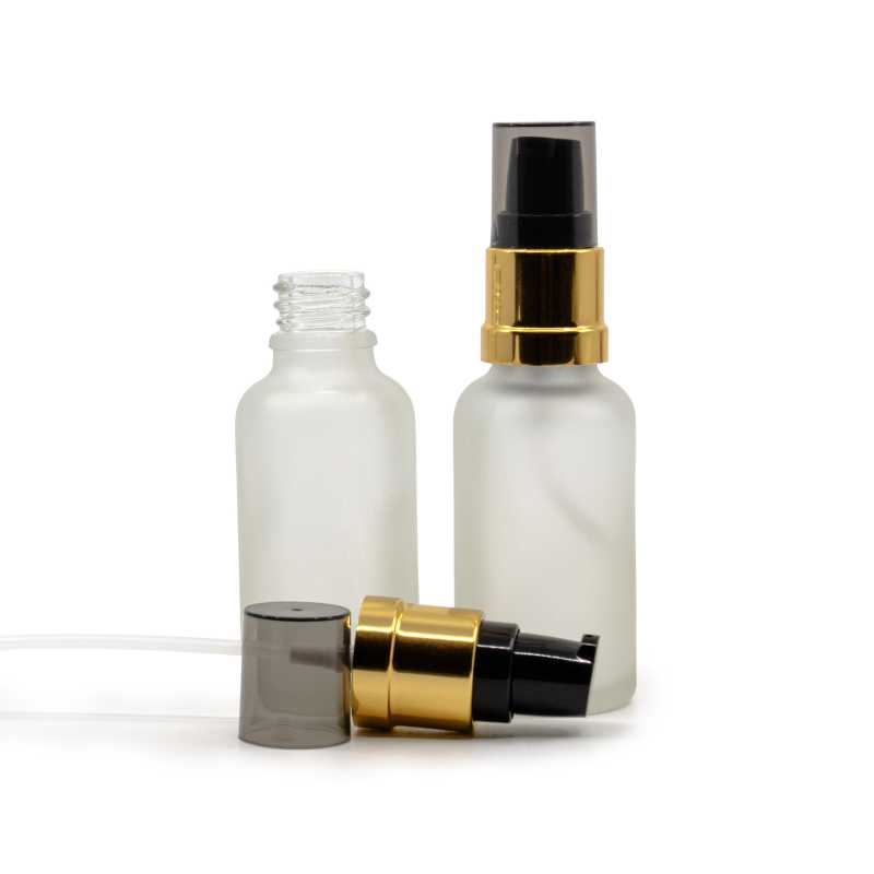 Sklenená fľaška, priehľadná mliečna, čierno-zlatý lesklý dávkovač s dymovým krytom, 30 ml