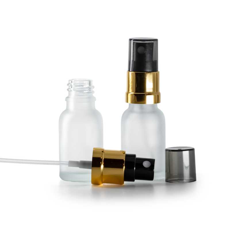 Sklenená fľaška, priehľadná, mliečna, čierno-zlatý rozprašovač, dymový kryt, 15 ml