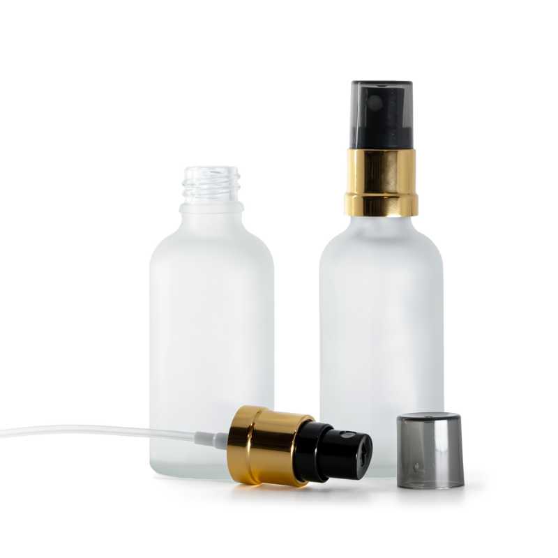 Sklenená fľaška, priehľadná mliečna, čierno-zlatý rozprašovač, dymový vrch, 50 ml