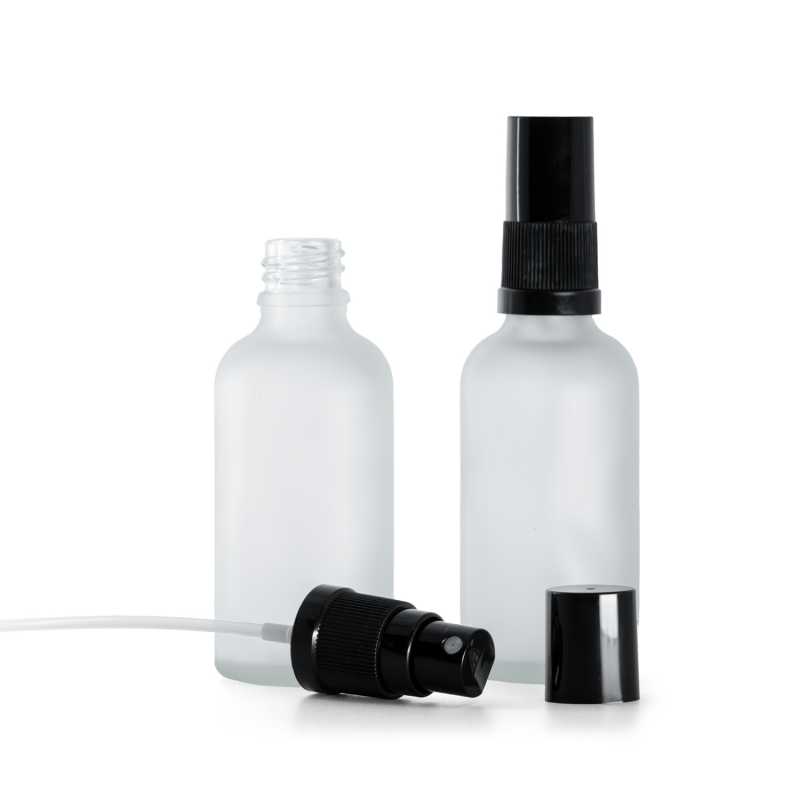 Sklenená fľaška, priehľadná mliečna, čierny rozprašovač, čierny vrch, 50 ml