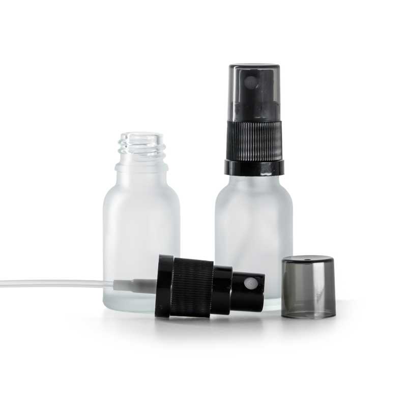 Sklenená fľaška, priehľadná, mliečna, čierny rozprašovač, dymový kryt, 15 ml