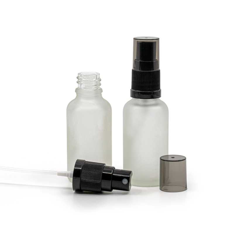 Sklenená fľaška, priehľadná mliečna, čierny rozprašovač, dymový kryt, 30 ml  