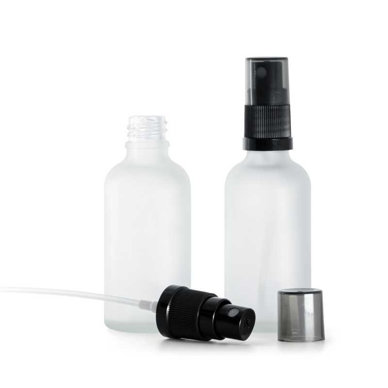 Sklenená fľaška, priehľadná mliečna, čierny rozprašovač, dymový kryt, 50 ml