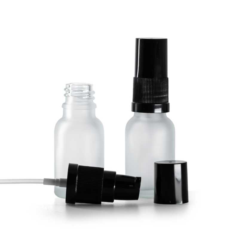 Sklenená fľaška, priehľadná, mliečna, dávkovač krémov s čiernym vrchom, 15 ml
