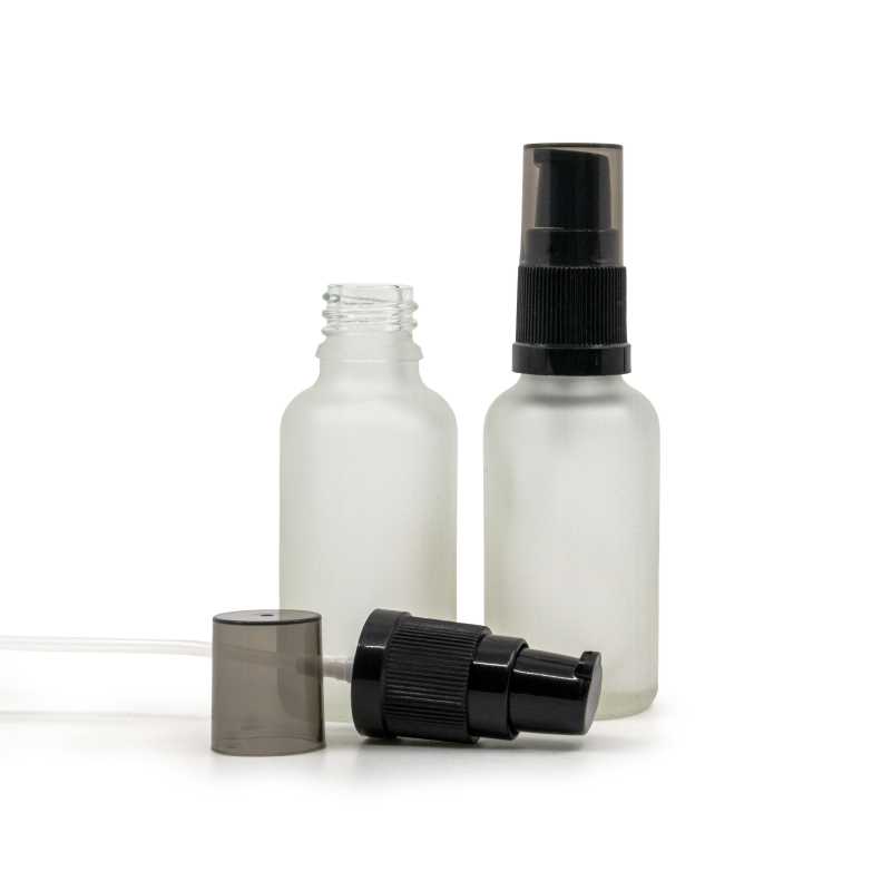Sklenená fľaška, priehľadná mliečna, dávkovač krémov s dymovým krytom, 30 ml