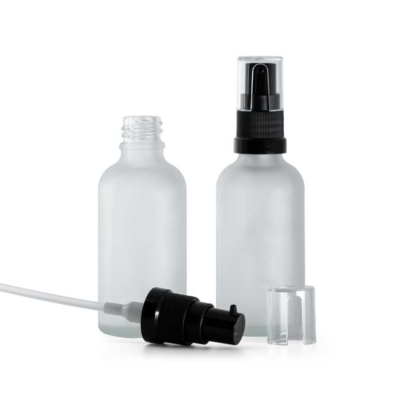 Sklenená fľaška, priehľadná mliečna, dávkovač olejov, 50 ml