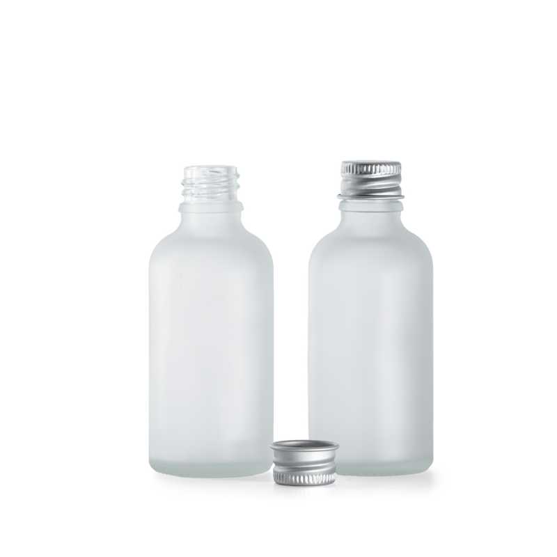 Sklenená fľaška, priehľadná mliečna, hliníkový vrchnák, 50 ml