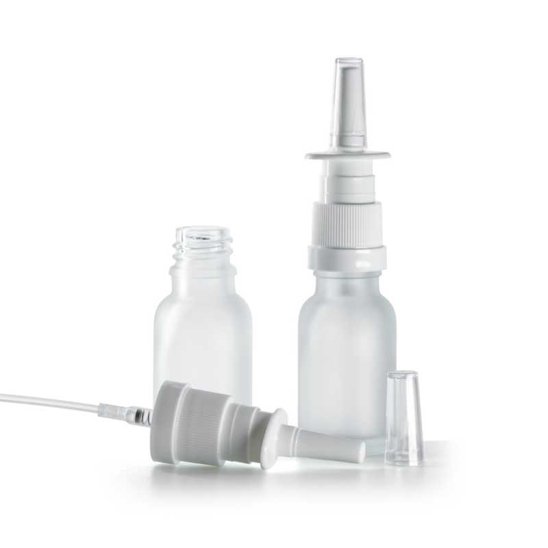 Sklenená fľaška, priehľadná, mliečna, sprej do nosa, 15 ml