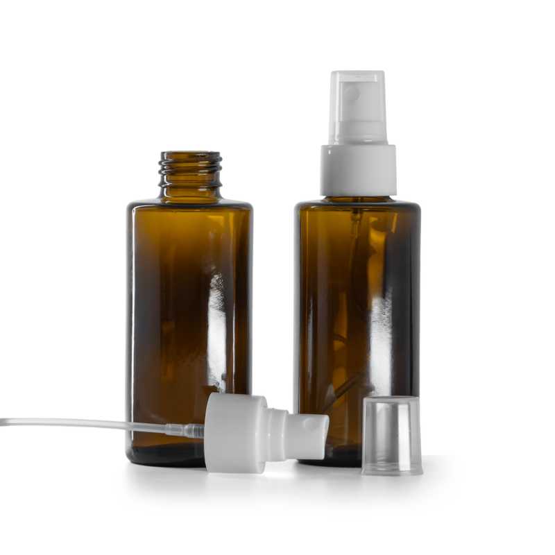 Sklenená fľaška, rovný vrch, 24 mm, biely rozprašovač, 100 ml