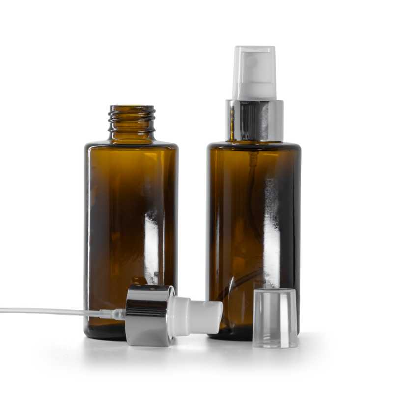 Sklenená fľaška, rovný vrch, 24 mm, biely rozprašovač, strieborná lesklá obruč, 100 ml