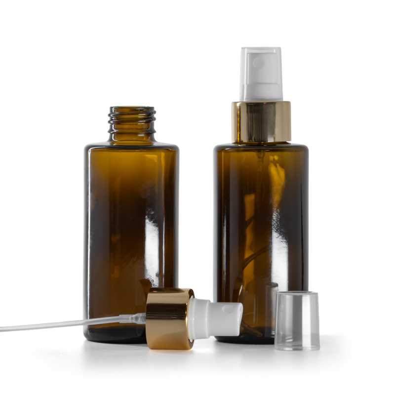 Sklenená fľaška, rovný vrch, 24 mm, biely rozprašovač, zlatá lesklá obruč, 100 ml