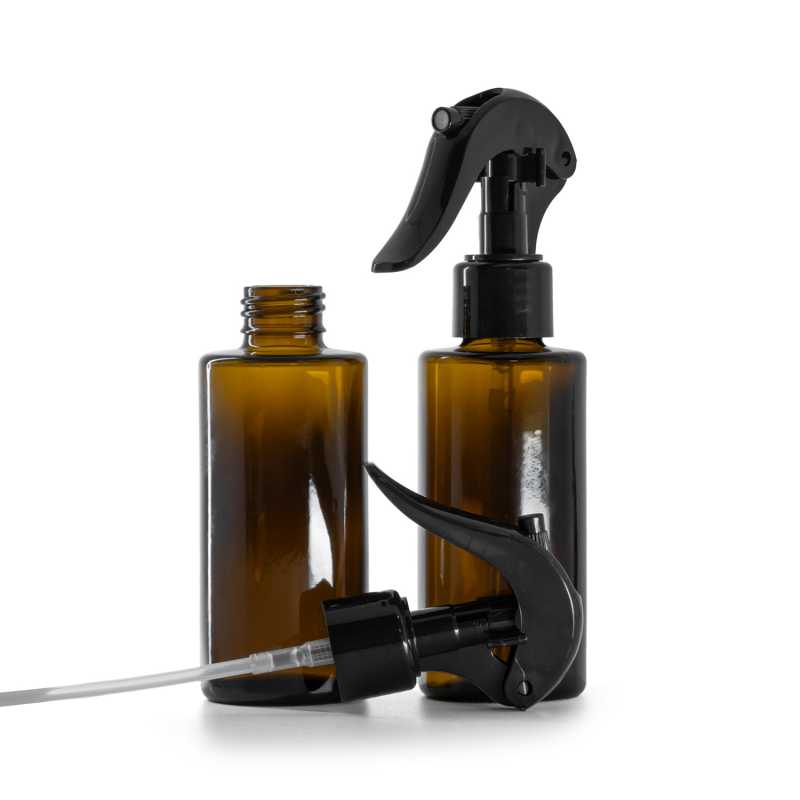 Sklenená fľaška, rovný vrch, 24 mm, čierny pákový rozprašovač, 100 ml