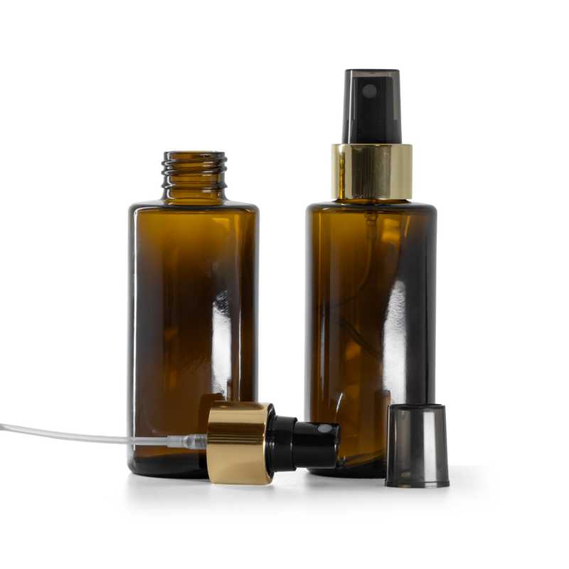Sklenená fľaška, rovný vrch, 24 mm, čierny rozprašovač, zlatá lesklá obruč, 100 ml