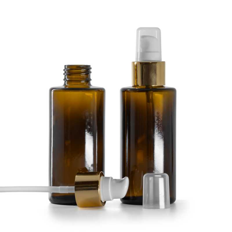 Sklenená fľaška, rovný vrch, 24 mm, dávkovač s krytkou, bielo-zlatý, 100 ml