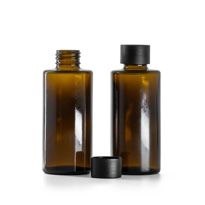 Sklenená fľaška, rovný vrch, 24 mm, matný čierny vrchnák, 100 ml