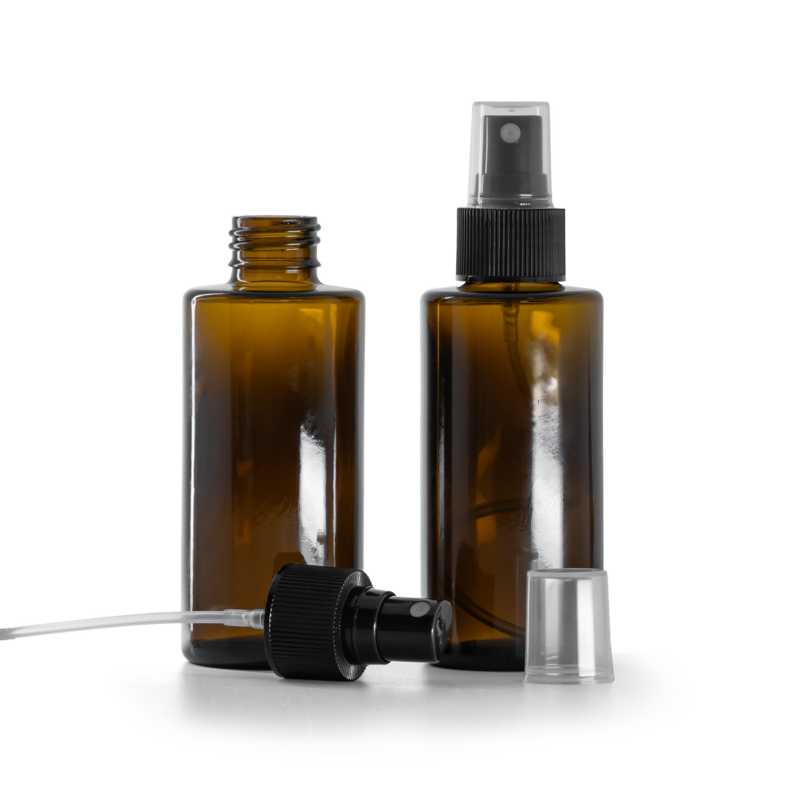 Sklenená fľaška, rovný vrch, 24 mm, plast. rozprašovač, čierny, 100 ml