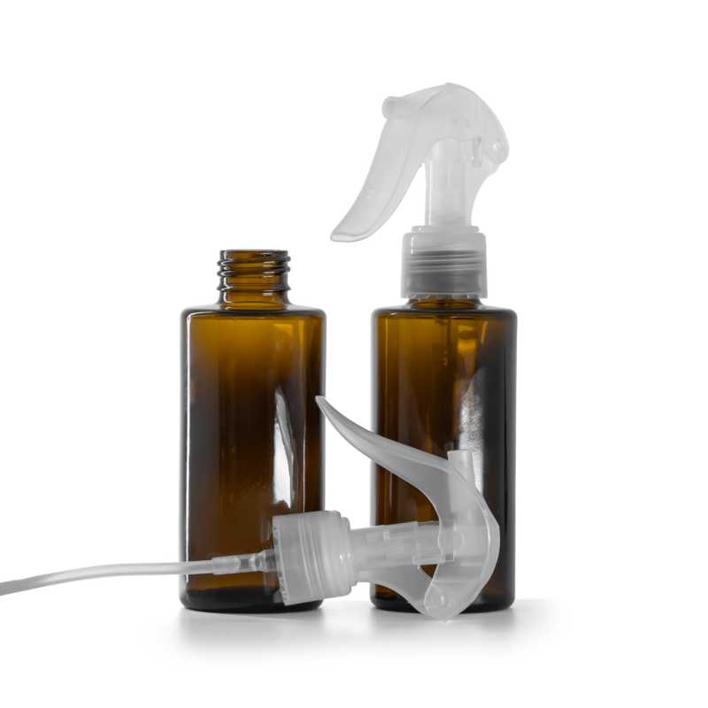 Sklenená fľaška, rovný vrch, 24 mm, priehľadný pákový rozprašovač, 100 ml