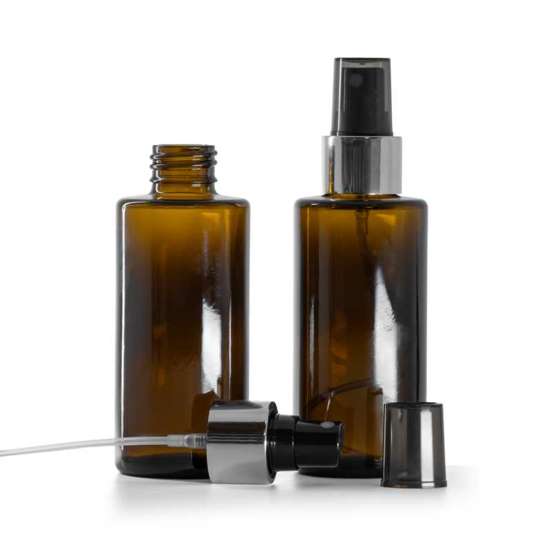 Sklenená fľaška, rovný vrch, 24 mm, rozprašovač čierny, strieborná lesklá obruč, 100 ml