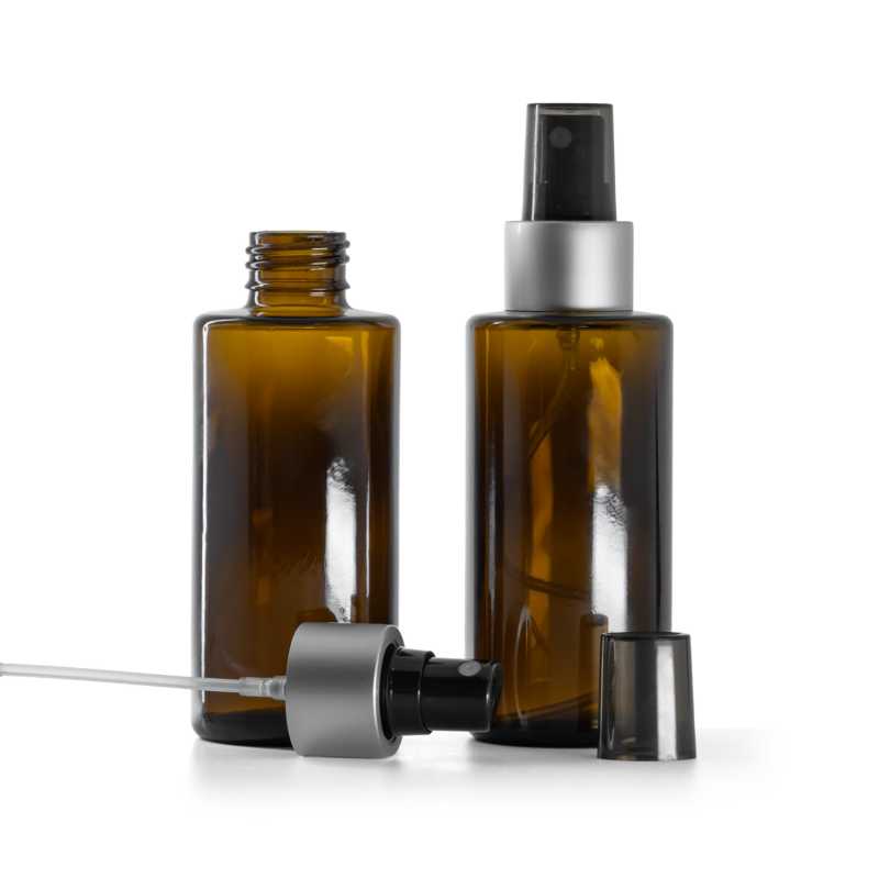 Sklenená fľaška, rovný vrch, 24 mm, rozprašovač čierny, strieborná matná obruč, 100 ml