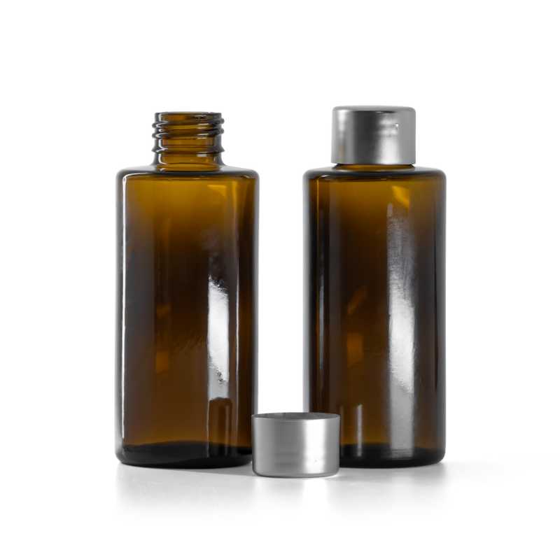 Sklenená fľaška, rovný vrch, 24 mm, strieborný vrch, 100 ml