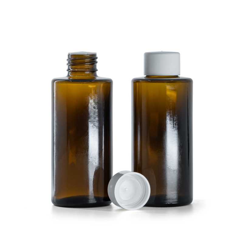 Sklenená fľaška, rovný vrch, 24 mm, vrchnák hladký biely s redukciou, 100 ml