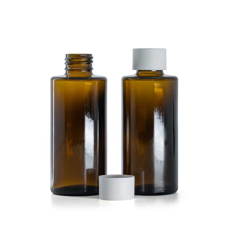 Sklenená fľaška, rovný vrch, 24 mm, vrchnák matný biely, 100 ml