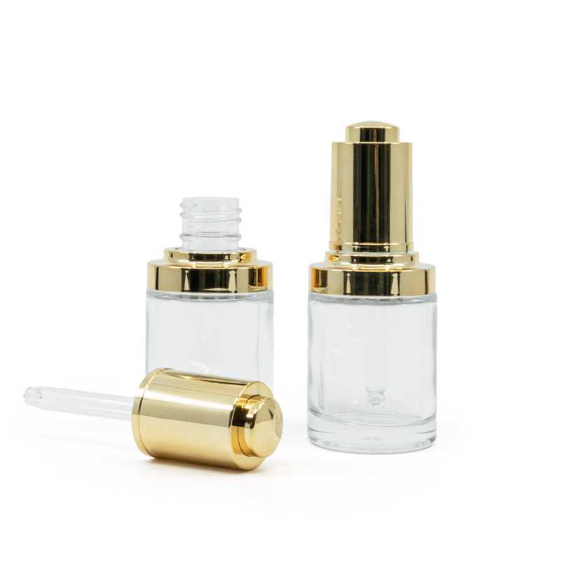 Sklenená fľaška, širšia, mliečna, zlaté push kvapátko, 30 ml