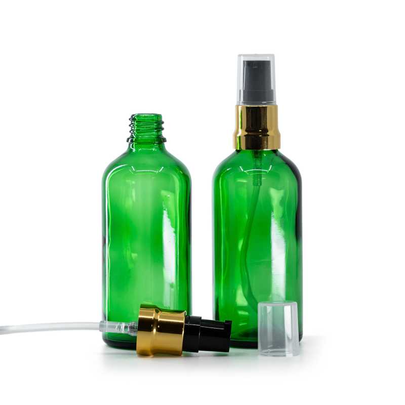 Sklenená fľaška, zelená, čierno-zlatý lesklý dákovač, priehľadný vrch, 100 ml