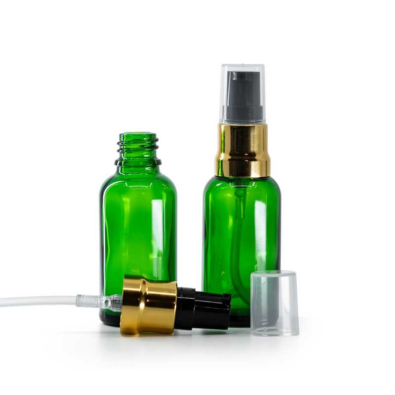 Sklenená fľaška, zelená, čierno-zlatý lesklý dákovač, priehľadný vrch, 30 ml