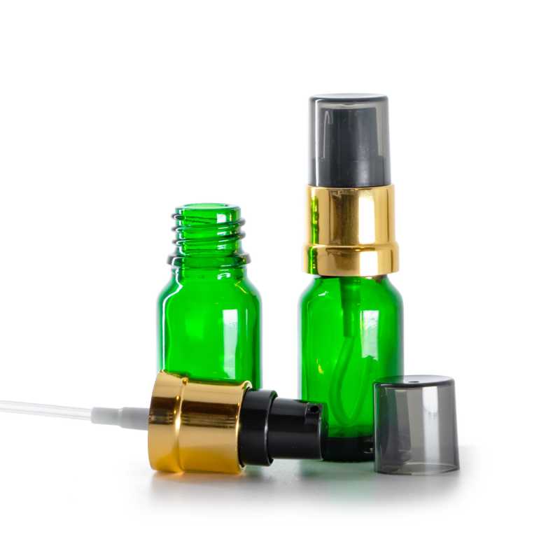 Sklenená fľaška, zelená, čierno-zlatý lesklý dávkovač s dymovým krytom, 10 ml