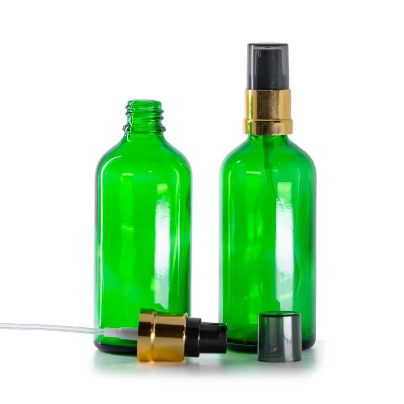 Sklenená fľaška, zelená, čierno-zlatý lesklý dávkovač s dymovým krytom, 100 ml