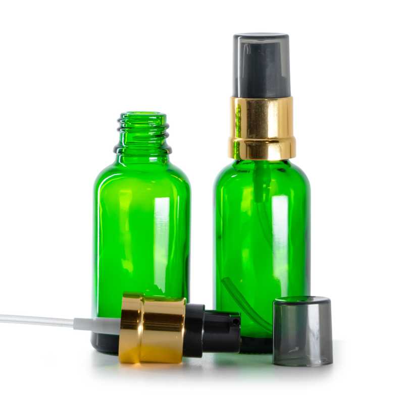 Sklenená fľaška, zelená, čierno-zlatý lesklý dávkovač s dymovým krytom, 30 ml