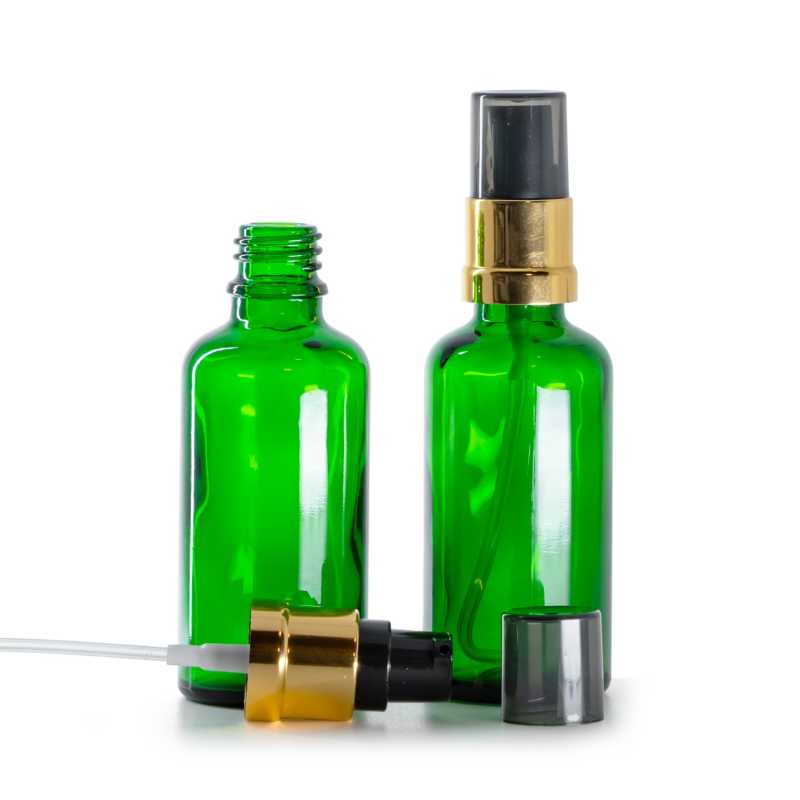Sklenená fľaška, zelená, čierno-zlatý lesklý dávkovač s dymovým krytom, 50 ml