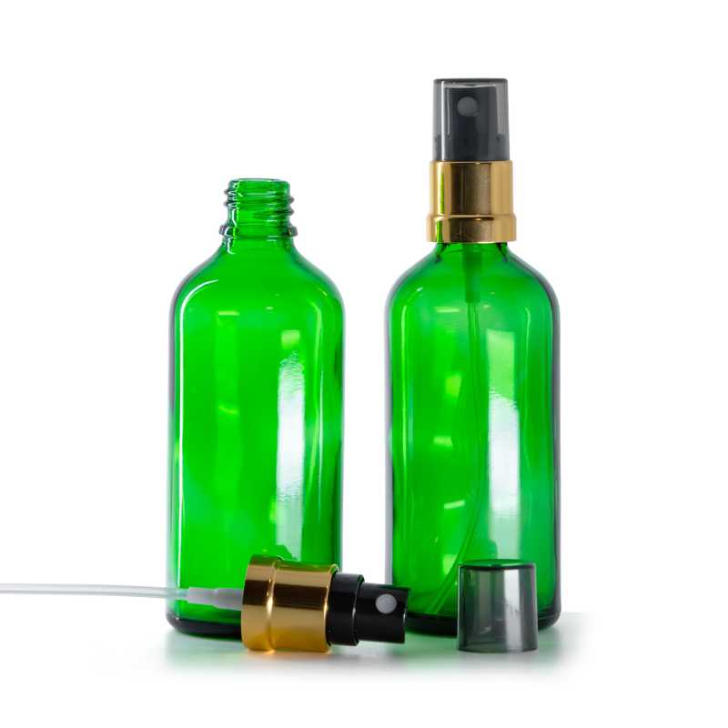 Sklenená fľaška, zelená, čierno-zlatý rozprašovač, dymový kryt, 100 ml