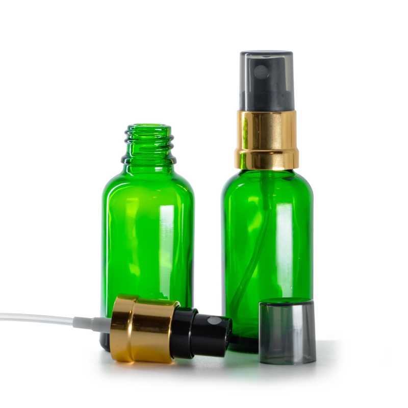 Sklenená fľaška, zelená, čierno-zlatý rozprašovač, dymový kryt, 30 ml