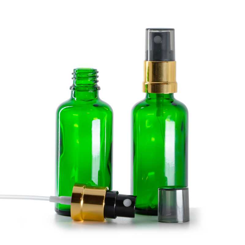 Sklenená fľaška, zelená, čierno-zlatý rozprašovač, dymový kryt, 50 ml