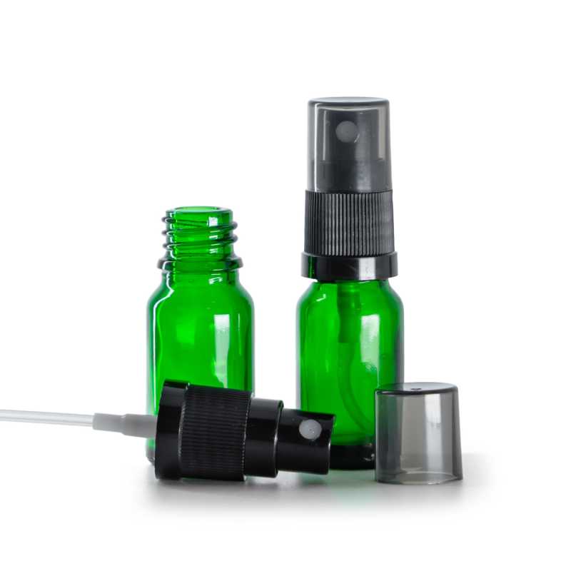 Sklenená fľaška, zelená, čierny rozprašovač, dymový kryt, 10 ml