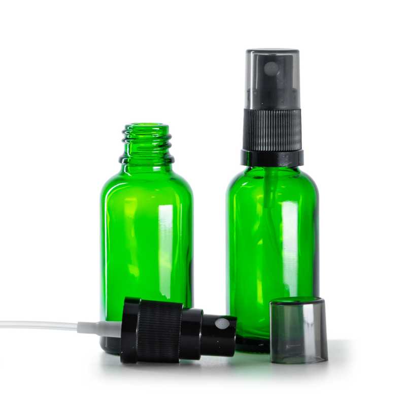 Sklenená fľaška, zelená, čierny rozprašovač, dymový kryt, 30 ml