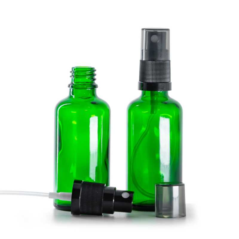 Sklenená fľaška, zelená, čierny rozprašovač, dymový kryt, 50 ml