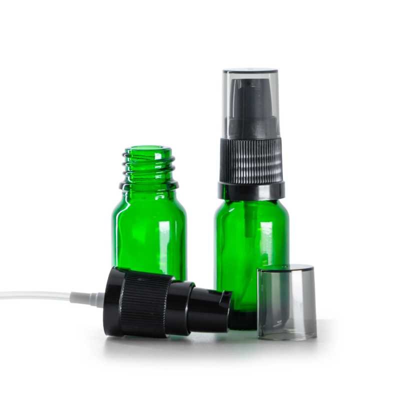 Sklenená fľaška, zelená, dávkovač krémov s dymovým krytom, 10 ml