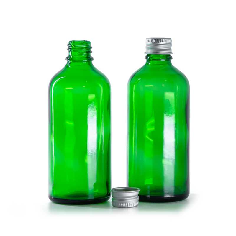Sklenená fľaška, zelená, hliníkový vrchnák, 100 ml