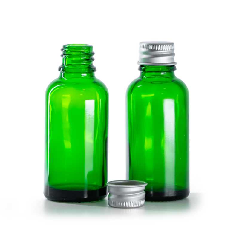 Sklenená fľaška, zelená, hliníkový vrchnák, 30 ml