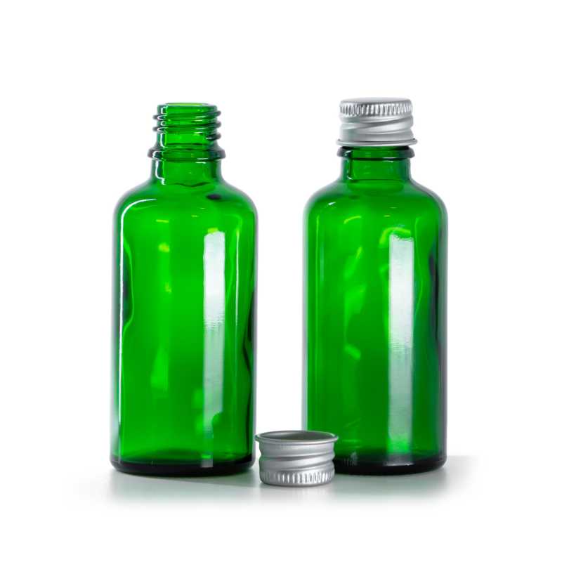 Sklenená fľaška, zelená, hliníkový vrchnák, 50 ml