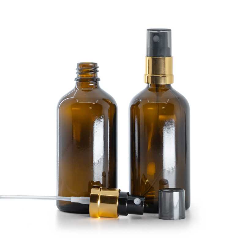 Sklenená liekovka, čierno-zlatý rozprašovač, dymový kryt, 100 ml