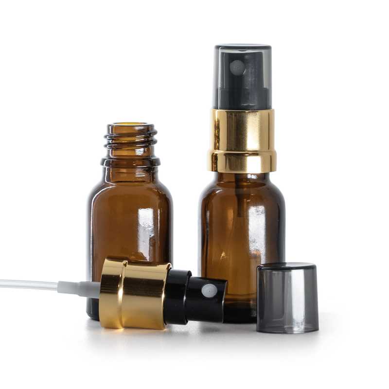 Sklenená liekovka, čierno-zlatý rozprašovač, dymový kryt, 15 ml